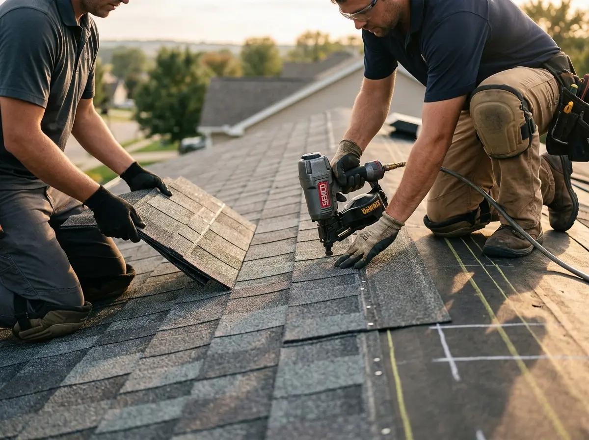 Professional roofer working on a residential roof in Coeur d'Alene